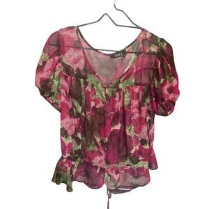 Blouse Top M Sheer Lettuce Hem Magenta Pink Floral Fairycore VTG Ties Y2K